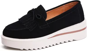 Women's Tassel Suede Platform Loafers Fashion Bow Comfortable Round Toe Slip On Anti-Slip Wedge Walking Shoes for Daily Driving Work Casual Shoes