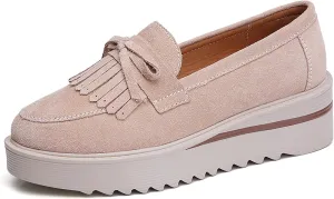 Women's Tassel Suede Platform Loafers Fashion Bow Comfortable Round Toe Slip On Anti-Slip Wedge Walking Shoes for Daily Driving Work Casual Shoes