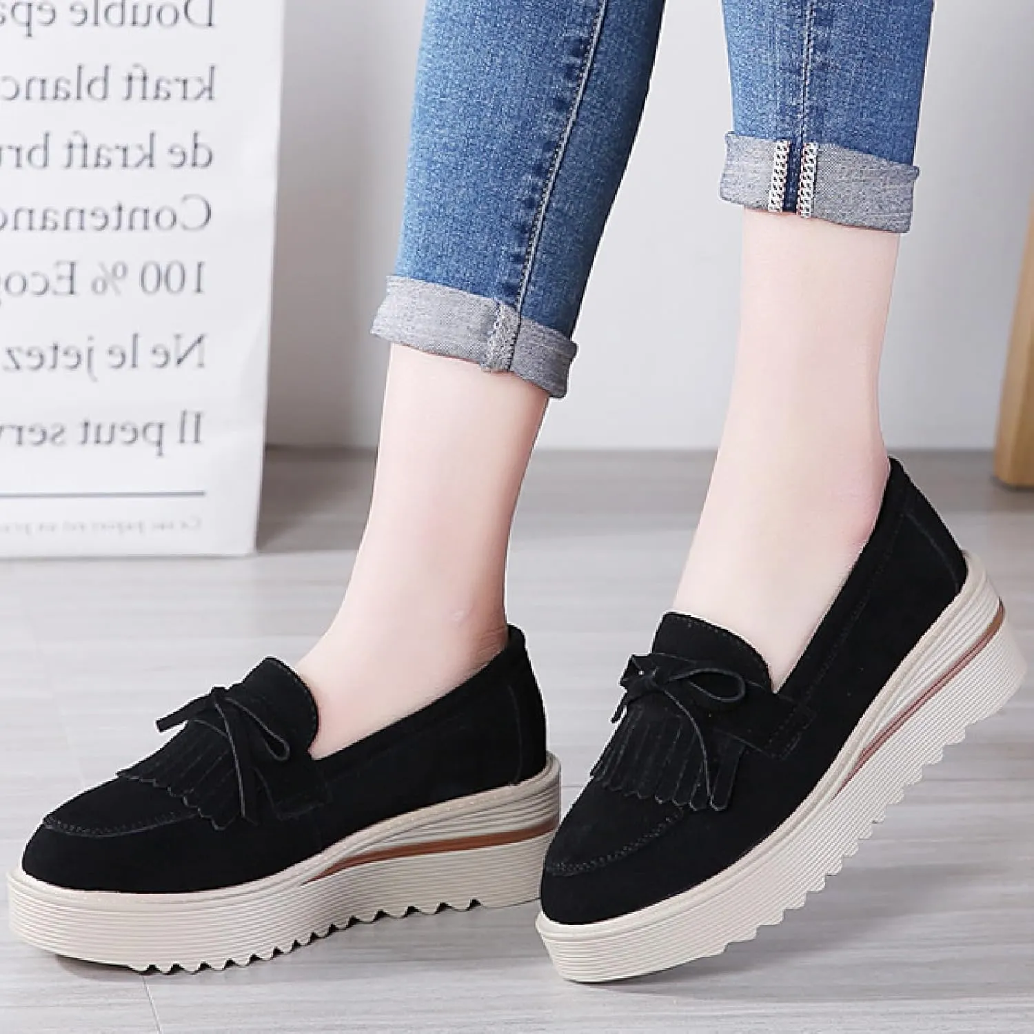 Women's Tassel Suede Platform Loafers Fashion Bow Comfortable Round Toe Slip On Anti-Slip Wedge Walking Shoes for Daily Driving Work Casual Shoes