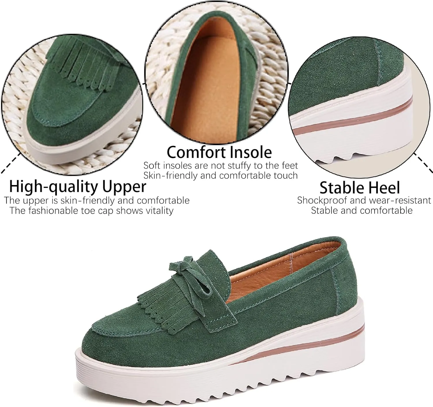 Women's Tassel Suede Platform Loafers Fashion Bow Comfortable Round Toe Slip On Anti-Slip Wedge Walking Shoes for Daily Driving Work Casual Shoes