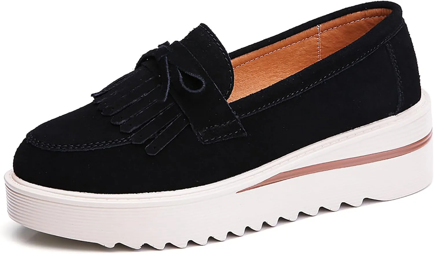 Women's Tassel Suede Platform Loafers Fashion Bow Comfortable Round Toe Slip On Anti-Slip Wedge Walking Shoes for Daily Driving Work Casual Shoes