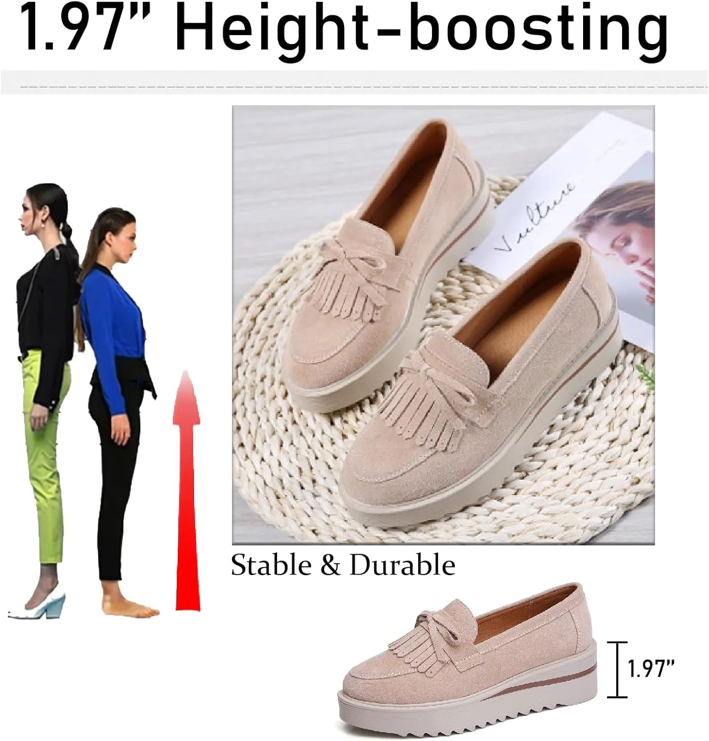 Women's Tassel Suede Platform Loafers Fashion Bow Comfortable Round Toe Slip On Anti-Slip Wedge Walking Shoes for Daily Driving Work Casual Shoes