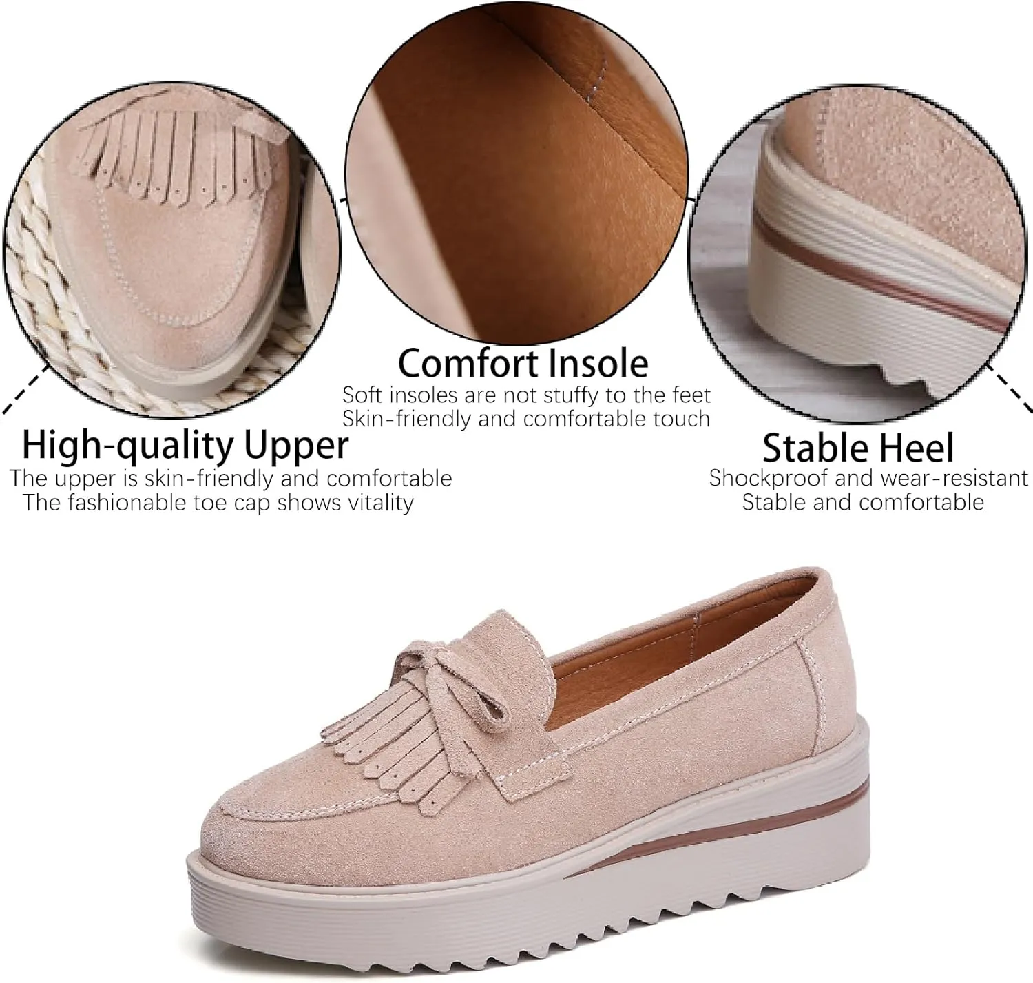 Women's Tassel Suede Platform Loafers Fashion Bow Comfortable Round Toe Slip On Anti-Slip Wedge Walking Shoes for Daily Driving Work Casual Shoes