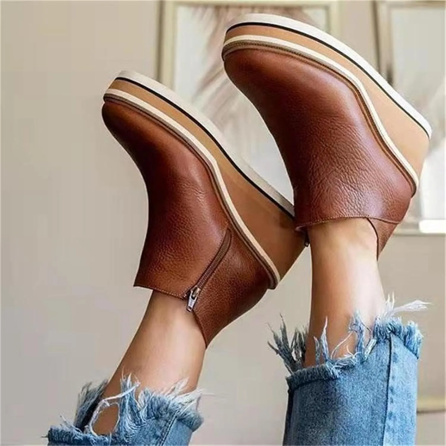 Women's Wedge Ankle Boots Fashion Side Zipper Wedge Leather Booties Basel Ankle Bootie Solid Chelsea Boots All-Match Shoes
