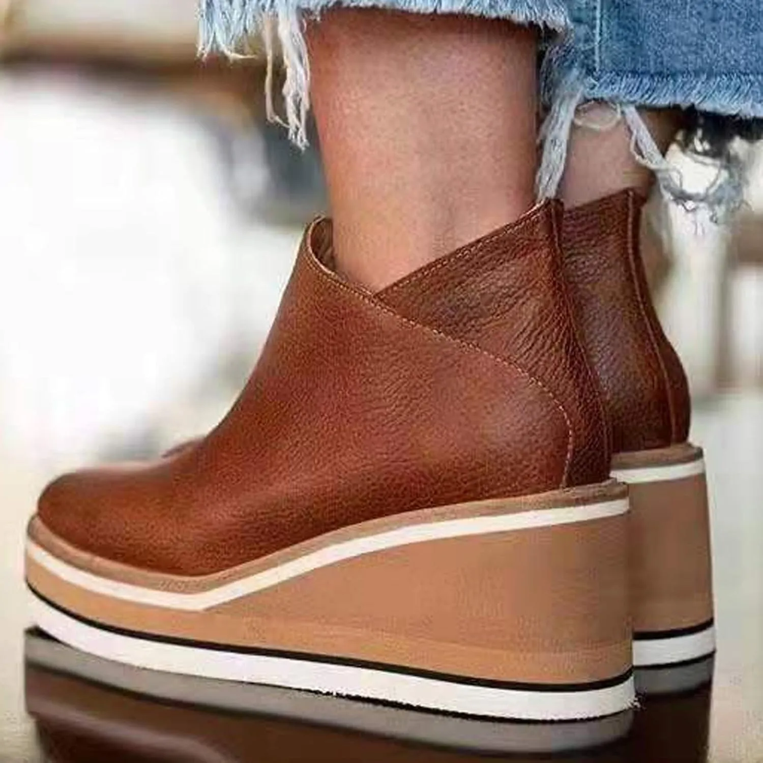 Women's Wedge Ankle Boots Fashion Side Zipper Wedge Leather Booties Basel Ankle Bootie Solid Chelsea Boots All-Match Shoes
