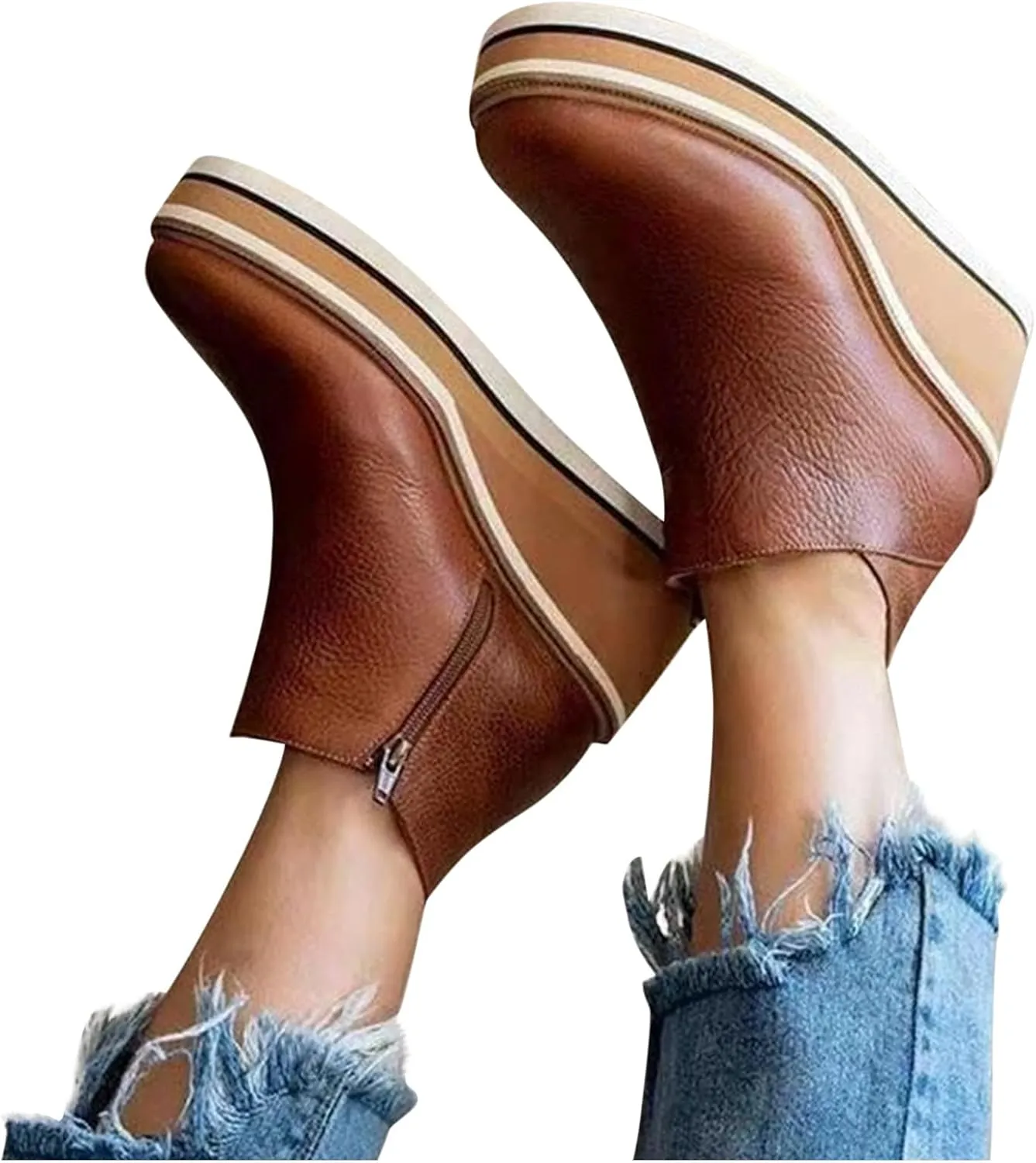 Women's Wedge Ankle Boots Fashion Side Zipper Wedge Leather Booties Basel Ankle Bootie Solid Chelsea Boots All-Match Shoes