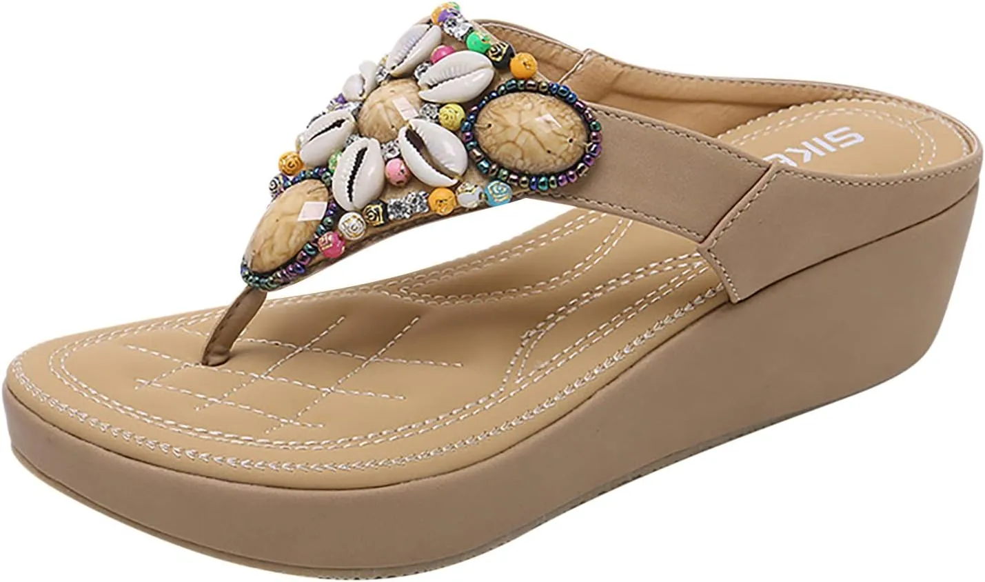 Womens Wedge Flip Flop Sandals Summer Casual Shell Beaded Thong Clip Toe Slip on Chunky Platform Slipper Comfortable Outdoor Ladies Shoes Slides