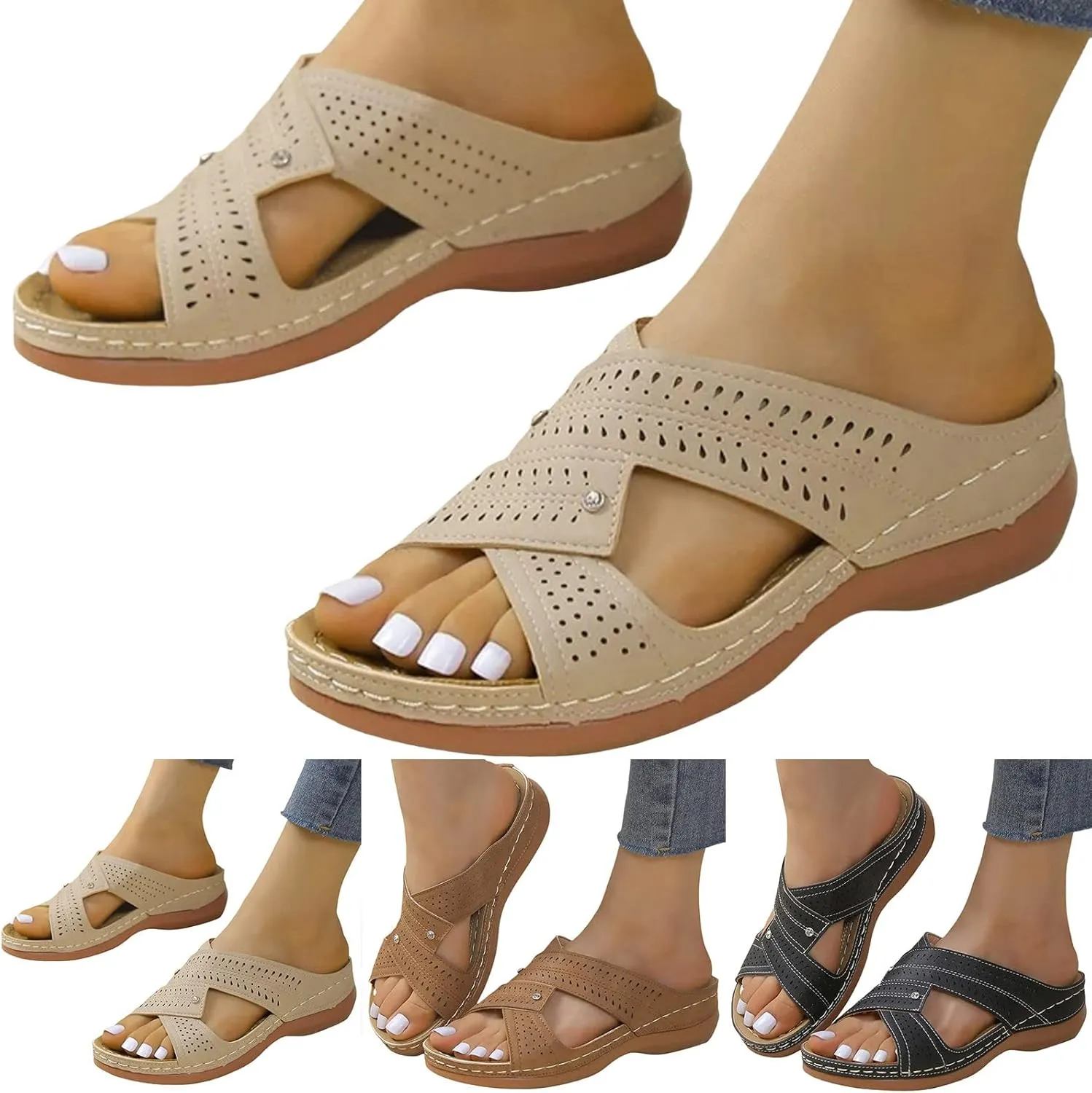 Womens Wedge Sandals Leather Dressy Sandal Rubber Sole Vintage Hollow Summer Slippers Casual Outdoor Round Toe Shoes Fashion Flat Woman Slip-On Slide