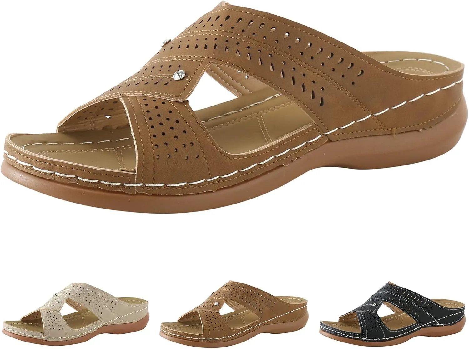 Womens Wedge Sandals Leather Dressy Sandal Rubber Sole Vintage Hollow Summer Slippers Casual Outdoor Round Toe Shoes Fashion Flat Woman Slip-On Slide