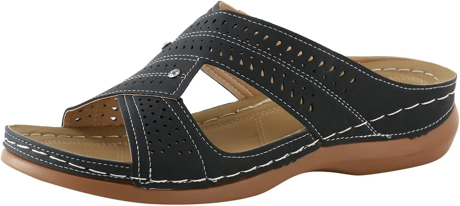 Womens Wedge Sandals Leather Dressy Sandal Rubber Sole Vintage Hollow Summer Slippers Casual Outdoor Round Toe Shoes Fashion Flat Woman Slip-On Slide