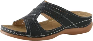 Womens Wedge Sandals Leather Dressy Sandal Rubber Sole Vintage Hollow Summer Slippers Casual Outdoor Round Toe Shoes Fashion Flat Woman Slip-On Slide