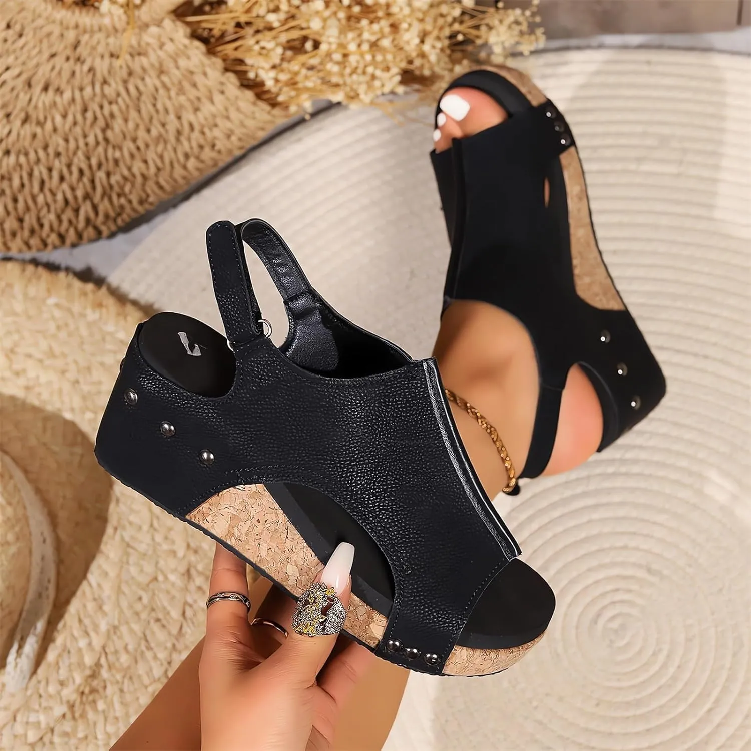 Women's Wedge Sandals With Buckle Ankle Strap for Dressy Summer Casual Flat-Bottomed Platform Wedges Sandal Slip On Peep Toe Slingback Wedding Beach Walking Shoes