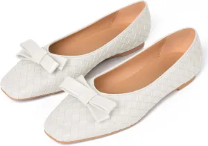 Woven Flats for Women Square Toe Ballet Flats Ladies Slip on Bow Ballerina Dress Shoes