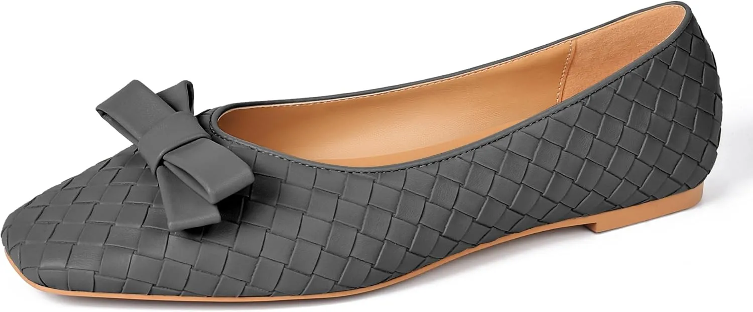 Woven Flats for Women Square Toe Ballet Flats Ladies Slip on Bow Ballerina Dress Shoes