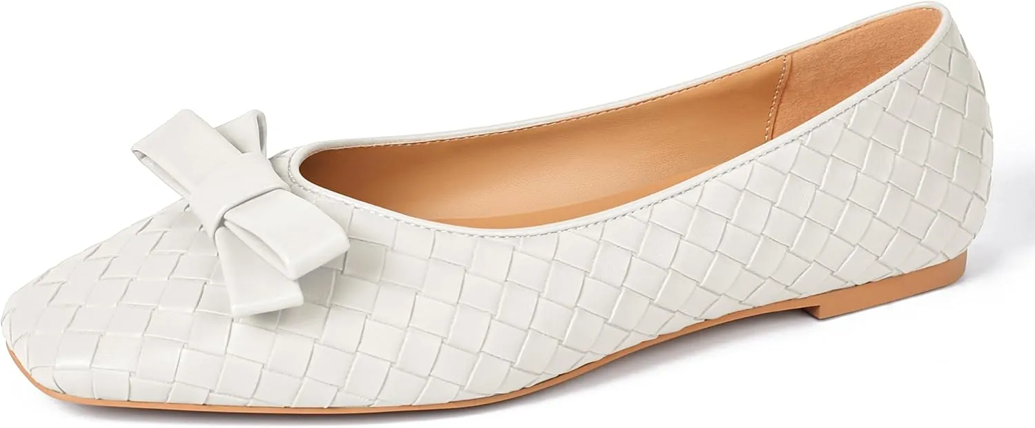 Woven Flats for Women Square Toe Ballet Flats Ladies Slip on Bow Ballerina Dress Shoes