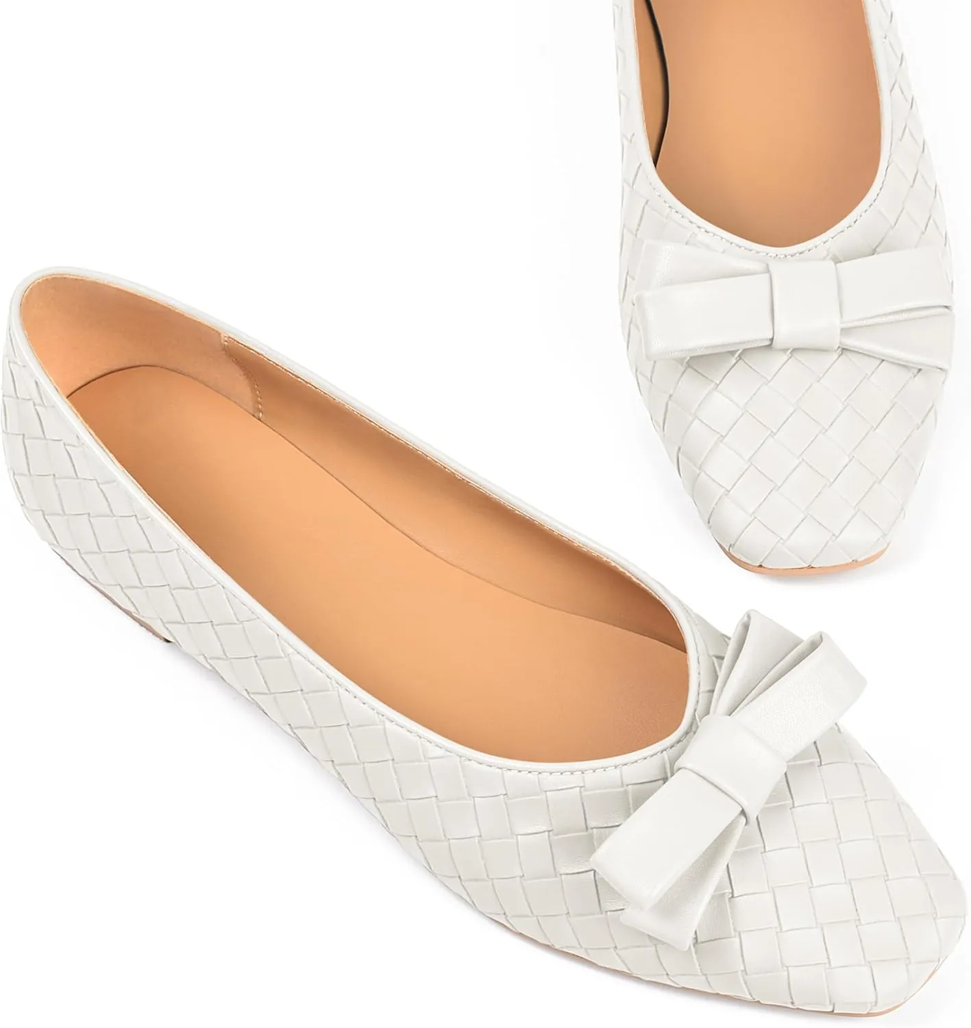 Woven Flats for Women Square Toe Ballet Flats Ladies Slip on Bow Ballerina Dress Shoes