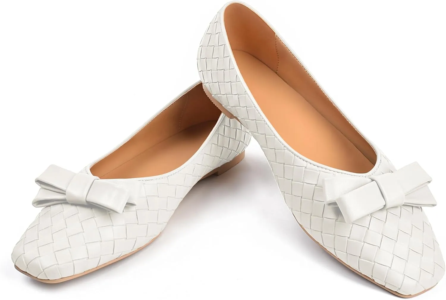 Woven Flats for Women Square Toe Ballet Flats Ladies Slip on Bow Ballerina Dress Shoes