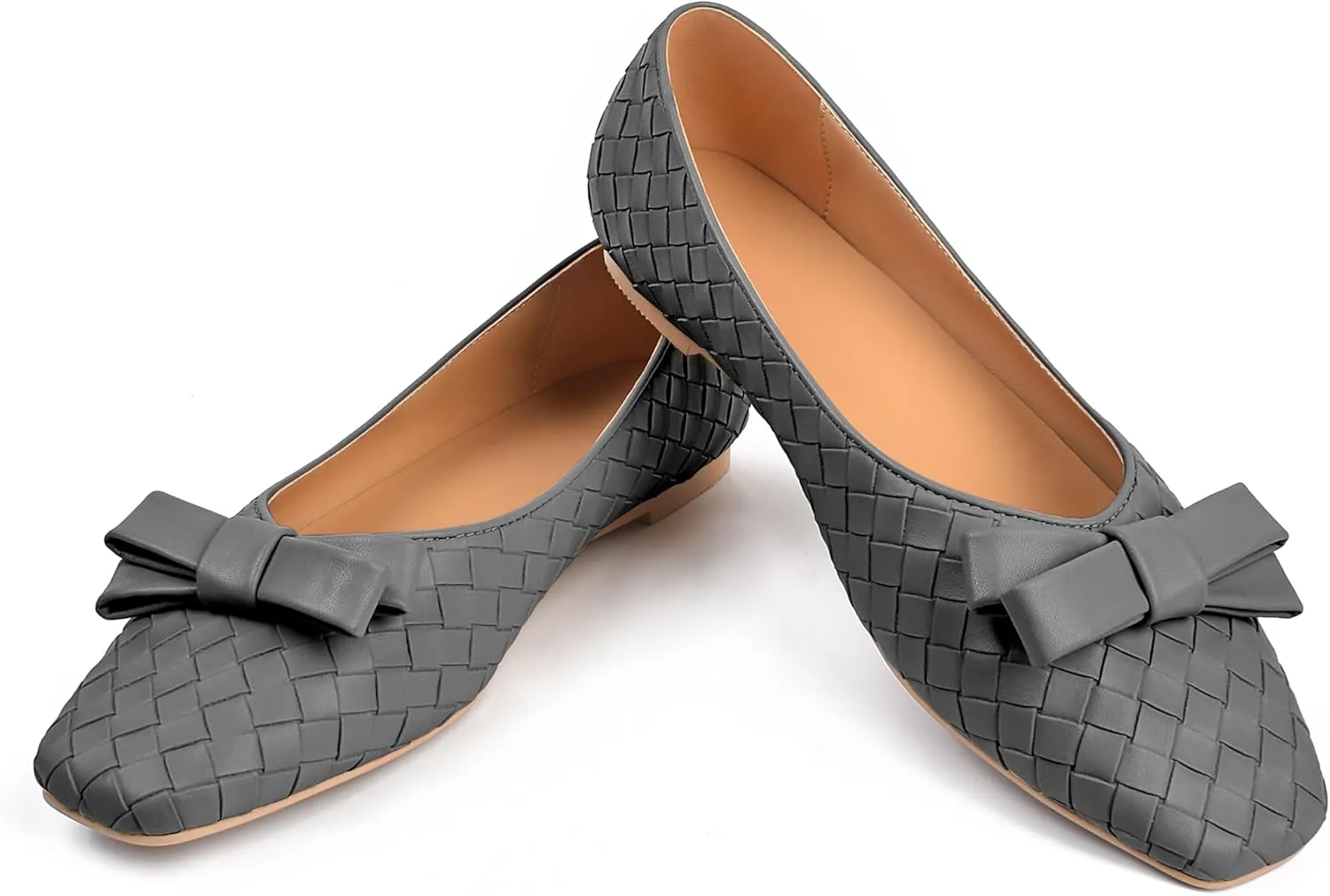 Woven Flats for Women Square Toe Ballet Flats Ladies Slip on Bow Ballerina Dress Shoes