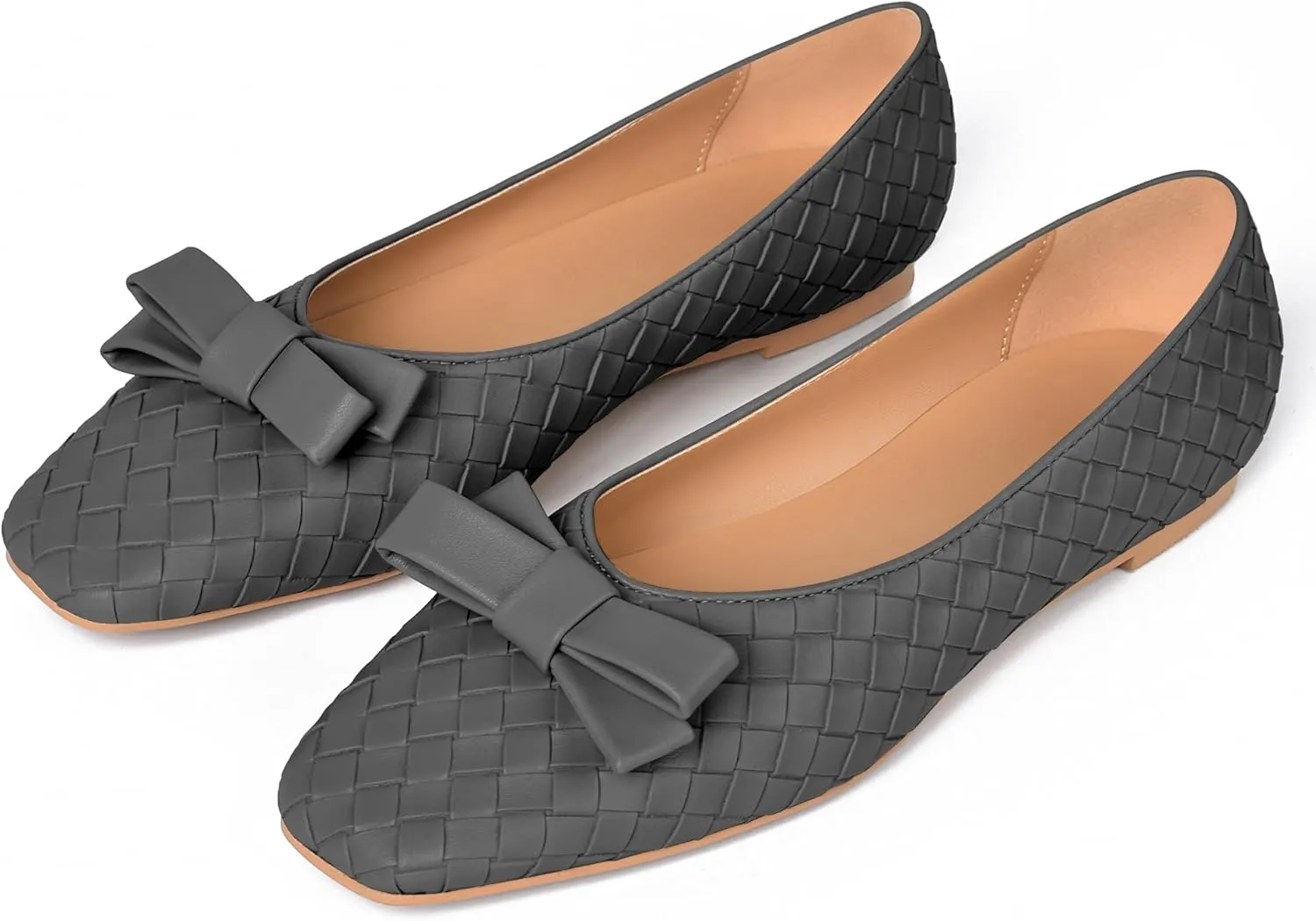 Woven Flats for Women Square Toe Ballet Flats Ladies Slip on Bow Ballerina Dress Shoes