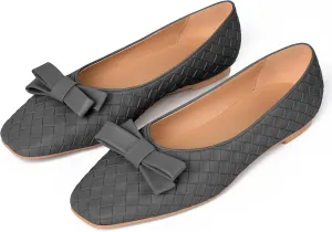 Woven Flats for Women Square Toe Ballet Flats Ladies Slip on Bow Ballerina Dress Shoes