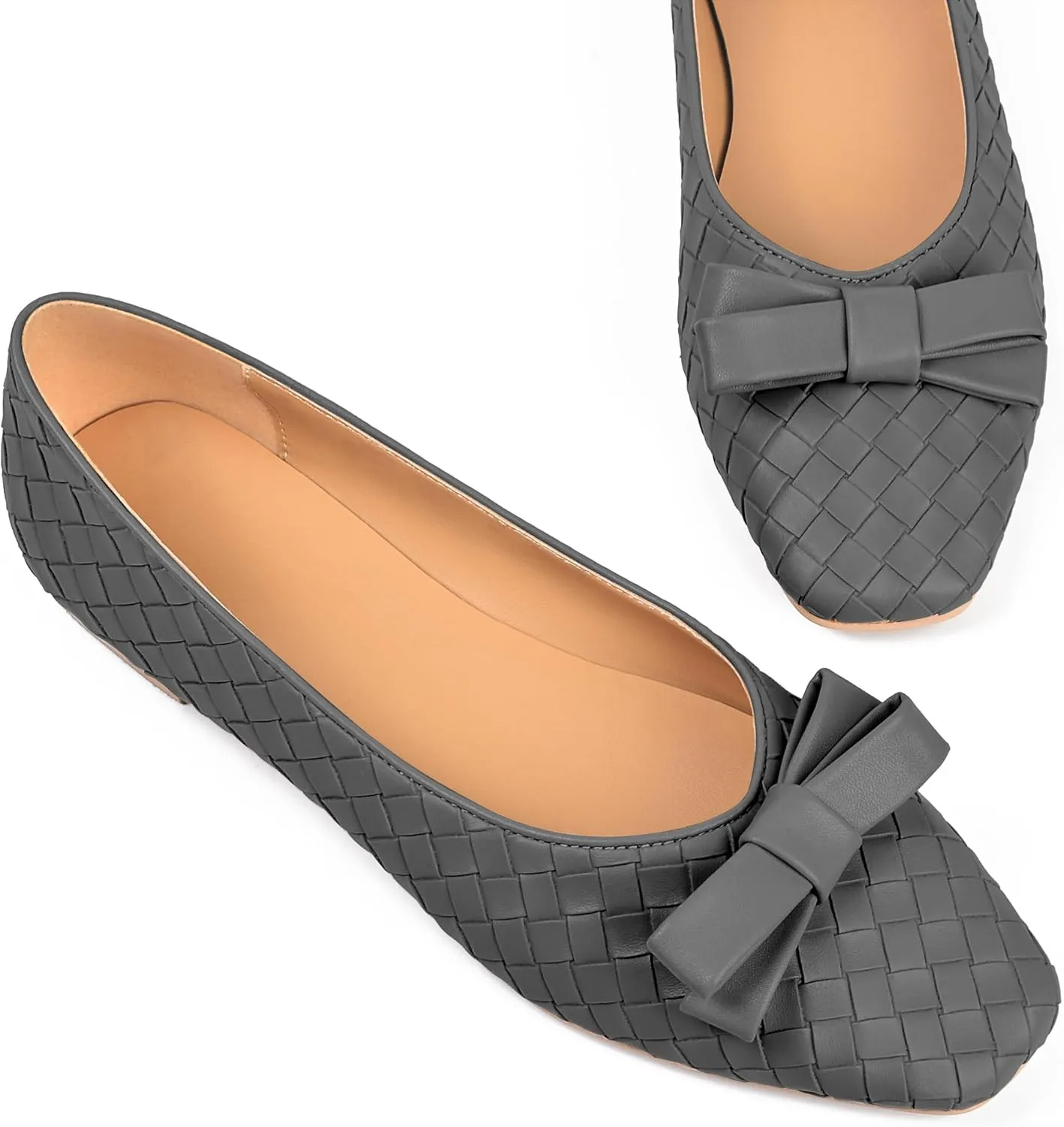 Woven Flats for Women Square Toe Ballet Flats Ladies Slip on Bow Ballerina Dress Shoes