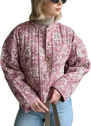 Wyeysyt Women's Cropped Puffer Jacket Quilted Floral Print Cardigan Button Up Long Sleeve Lightweight Open Front Padded Coat