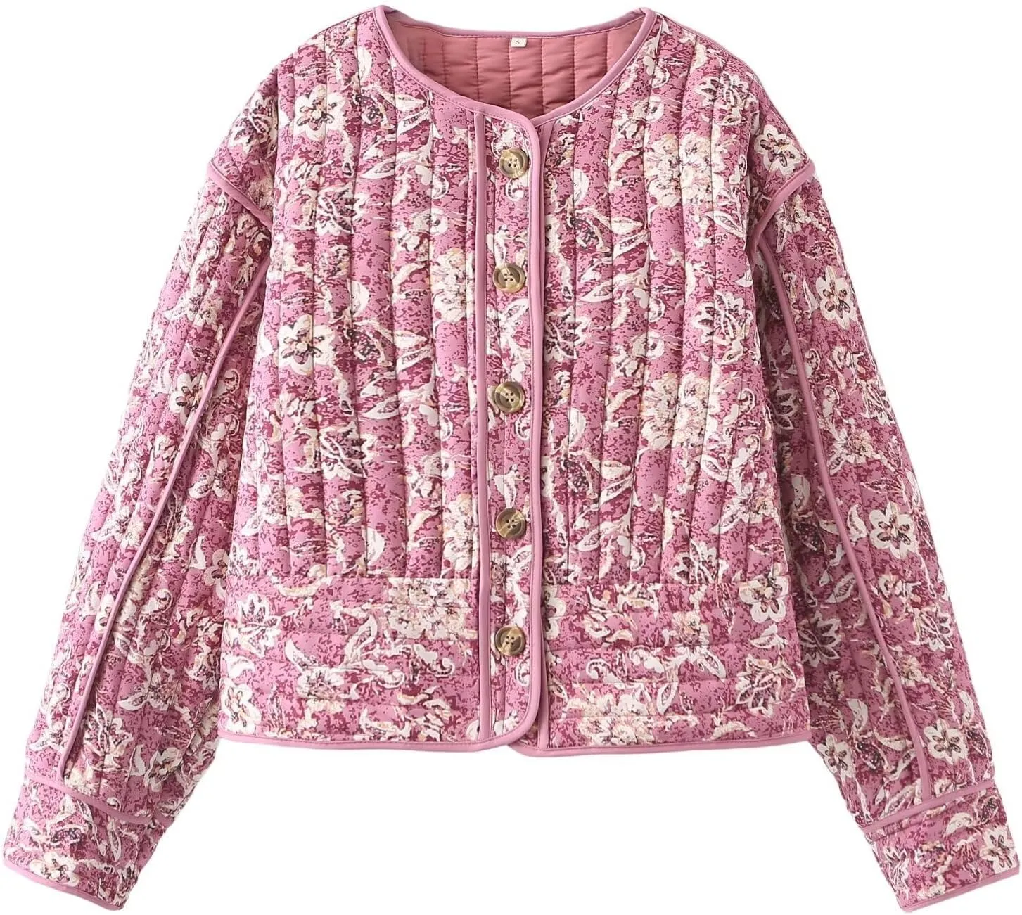 Wyeysyt Women's Cropped Puffer Jacket Quilted Floral Print Cardigan Button Up Long Sleeve Lightweight Open Front Padded Coat