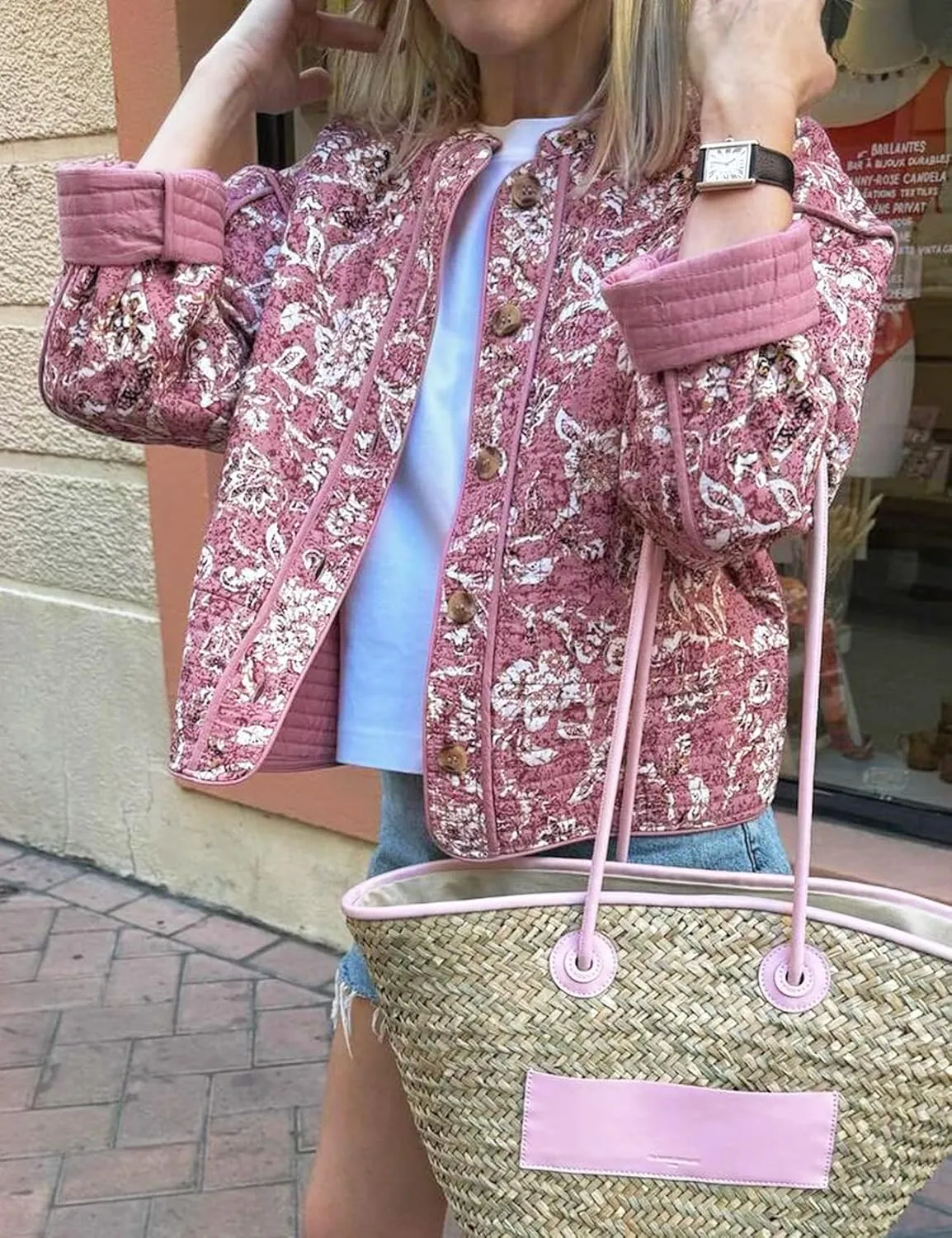 Wyeysyt Women's Cropped Puffer Jacket Quilted Floral Print Cardigan Button Up Long Sleeve Lightweight Open Front Padded Coat