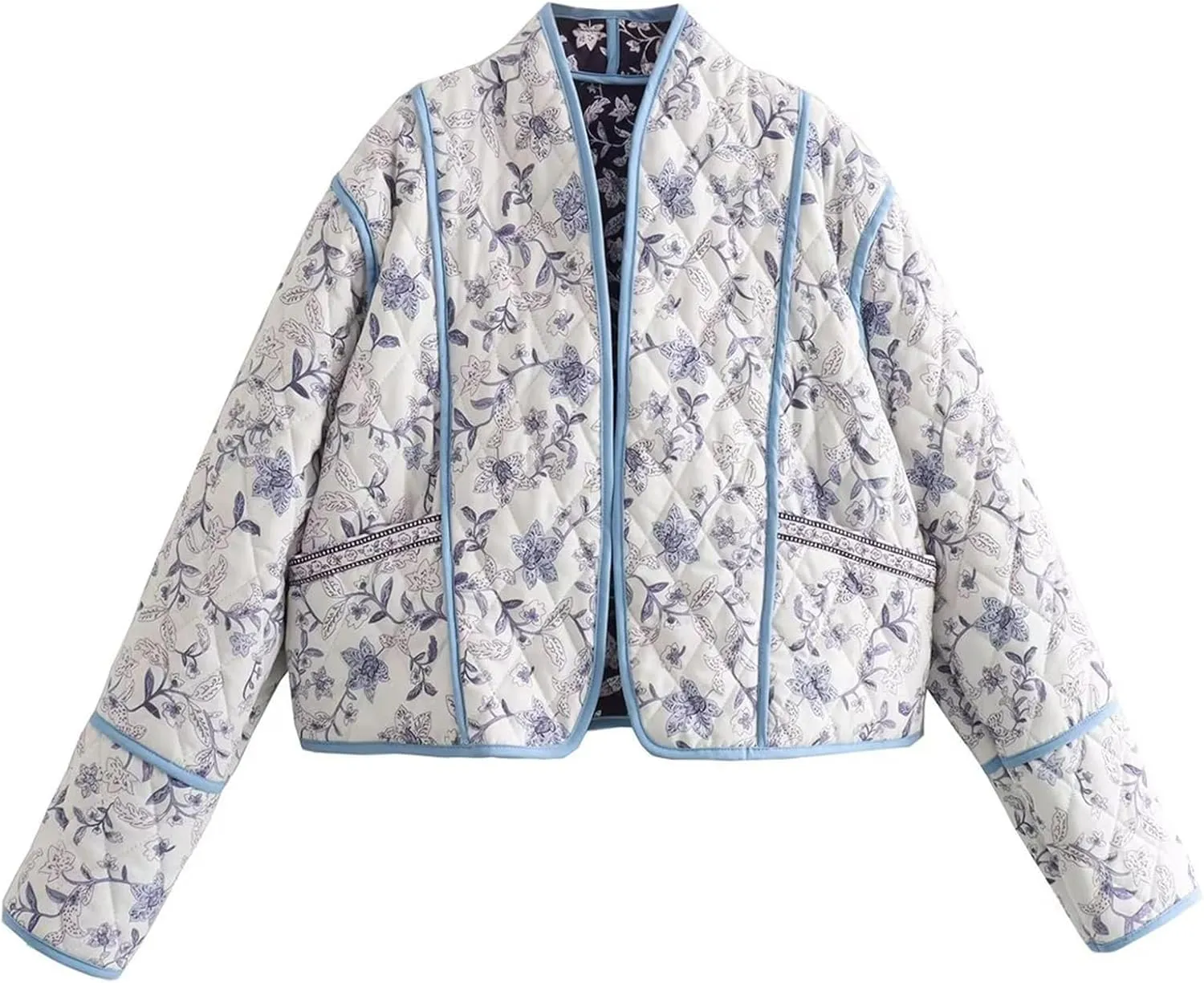 Wyeysyt Women's Cropped Puffer Quilted Jacket Cardigan Floral Printed Lightweight Long Sleeve Open Front Short Padded Coats