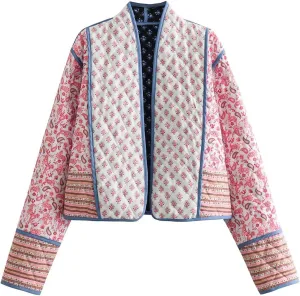 Wyeysyt Women's Cropped Puffer Quilted Jacket Cardigan Floral Printed Lightweight Long Sleeve Open Front Short Padded Coats