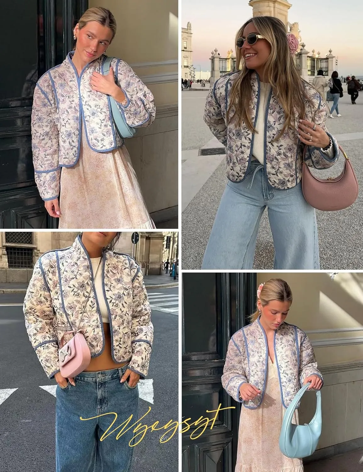 Wyeysyt Women's Cropped Puffer Quilted Jacket Cardigan Floral Printed Lightweight Long Sleeve Open Front Short Padded Coats