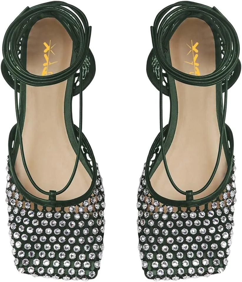 XYD Women Closed Square Toe Studded Flats Sandals Mesh D'Orsay Ankle Strap Slip On Prom Dance Ballroom Dress Shoes