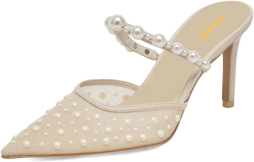 XYD Women Pearl Heeled Mules Elegant Mesh Pointed Closed Toe Bride Sandals Slip On Backless Wedding Party Shoes