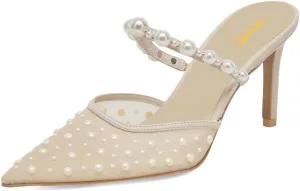 XYD Women Pearl Heeled Mules Elegant Mesh Pointed Closed Toe Bride Sandals Slip On Backless Wedding Party Shoes