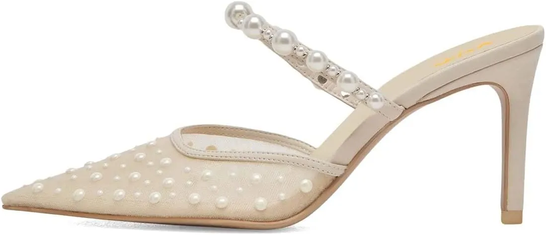 XYD Women Pearl Heeled Mules Elegant Mesh Pointed Closed Toe Bride Sandals Slip On Backless Wedding Party Shoes