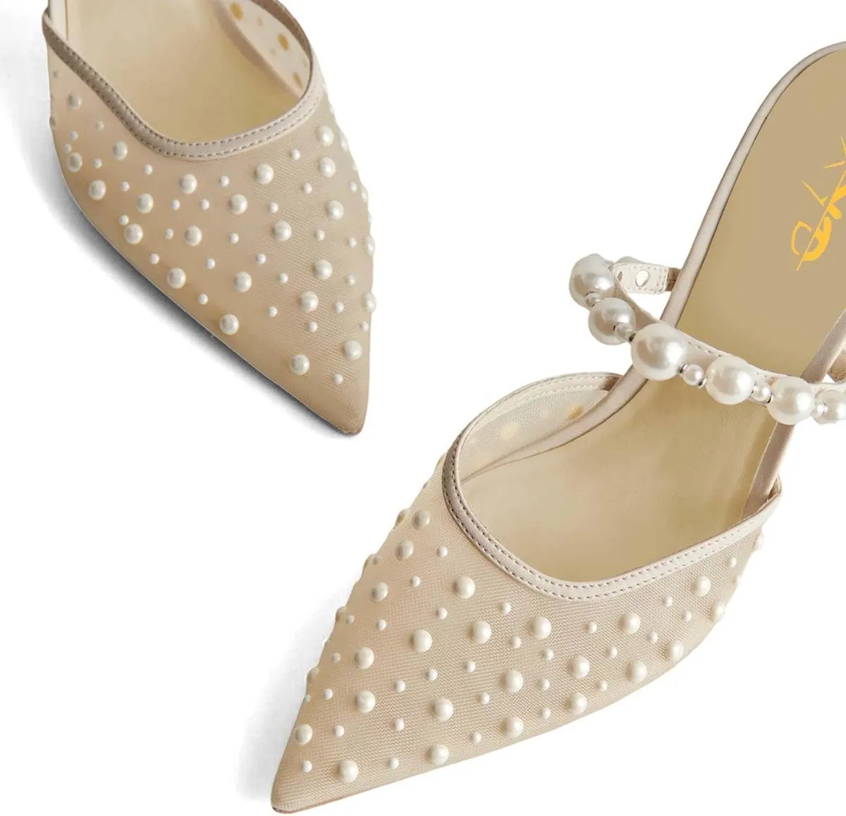 XYD Women Pearl Heeled Mules Elegant Mesh Pointed Closed Toe Bride Sandals Slip On Backless Wedding Party Shoes