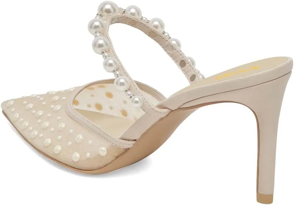 XYD Women Pearl Heeled Mules Elegant Mesh Pointed Closed Toe Bride Sandals Slip On Backless Wedding Party Shoes