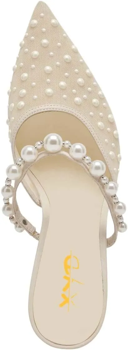 XYD Women Pearl Heeled Mules Elegant Mesh Pointed Closed Toe Bride Sandals Slip On Backless Wedding Party Shoes