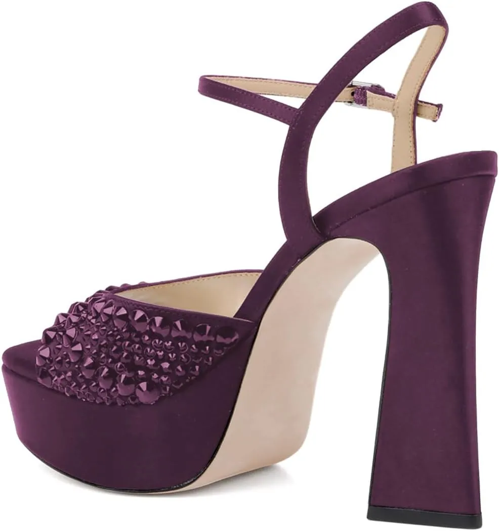 XYD Women Satin Platform Block Heels with Bejeweled Vamp Square Open Toe Ankle Strap Sandals Prom Evening Shoes