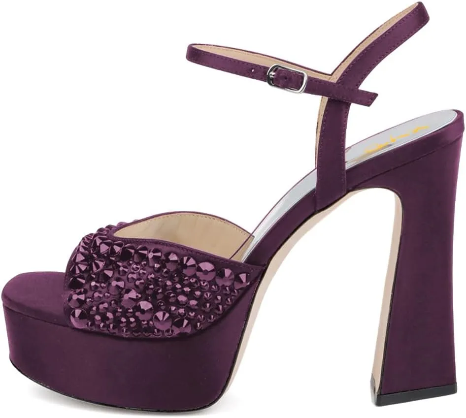 XYD Women Satin Platform Block Heels with Bejeweled Vamp Square Open Toe Ankle Strap Sandals Prom Evening Shoes