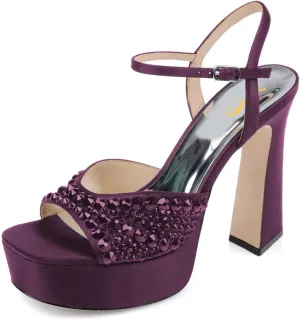 XYD Women Satin Platform Block Heels with Bejeweled Vamp Square Open Toe Ankle Strap Sandals Prom Evening Shoes