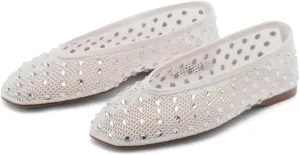 YIYA Women's White Rhinestone Sparkly Mesh Ballet Flats Crystal Studded Square Toe Slip On Ballerina Comfortable Casual Dress Shoes