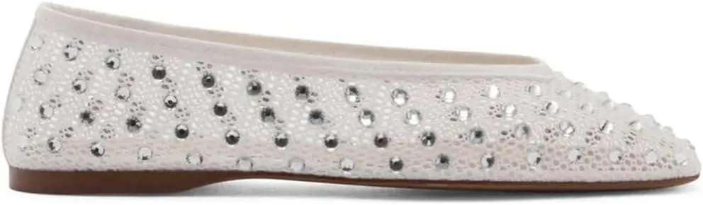 YIYA Women's White Rhinestone Sparkly Mesh Ballet Flats Crystal Studded Square Toe Slip On Ballerina Comfortable Casual Dress Shoes
