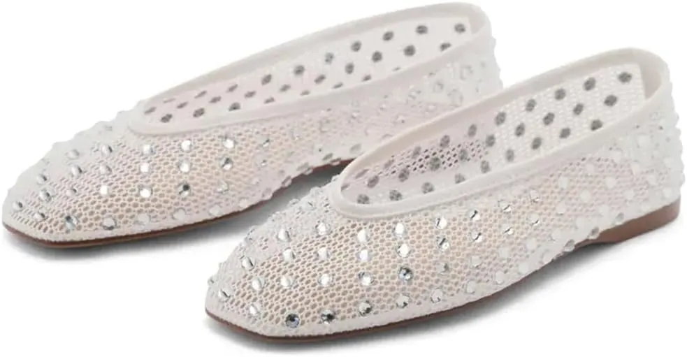 YIYA Women's White Rhinestone Sparkly Mesh Ballet Flats Crystal Studded Square Toe Slip On Ballerina Comfortable Casual Dress Shoes