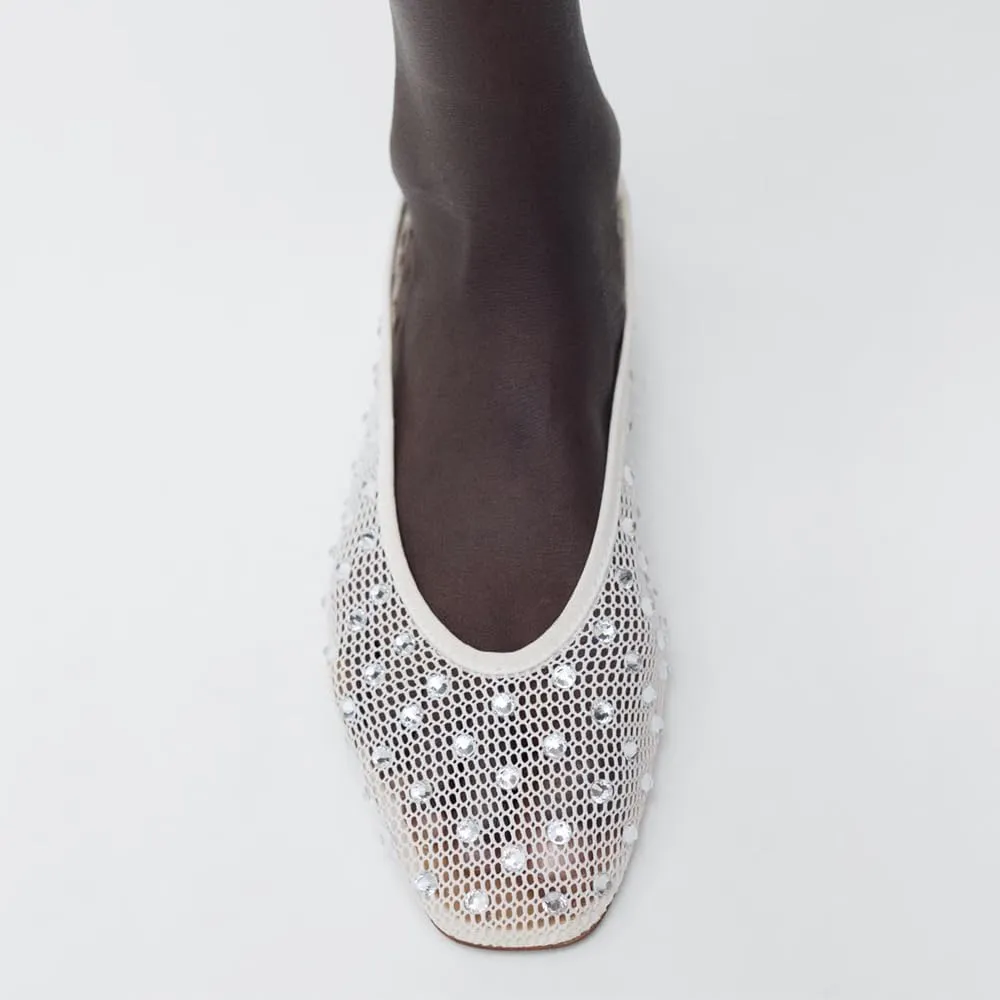 YIYA Women's White Rhinestone Sparkly Mesh Ballet Flats Crystal Studded Square Toe Slip On Ballerina Comfortable Casual Dress Shoes