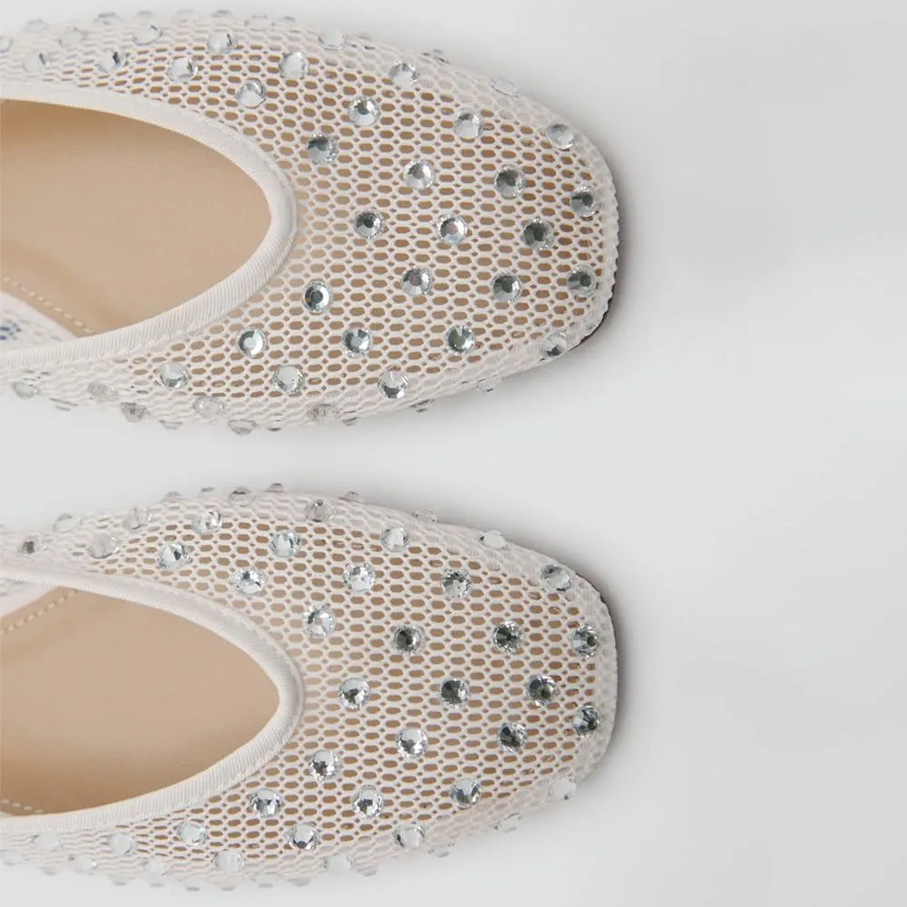 YIYA Women's White Rhinestone Sparkly Mesh Ballet Flats Crystal Studded Square Toe Slip On Ballerina Comfortable Casual Dress Shoes