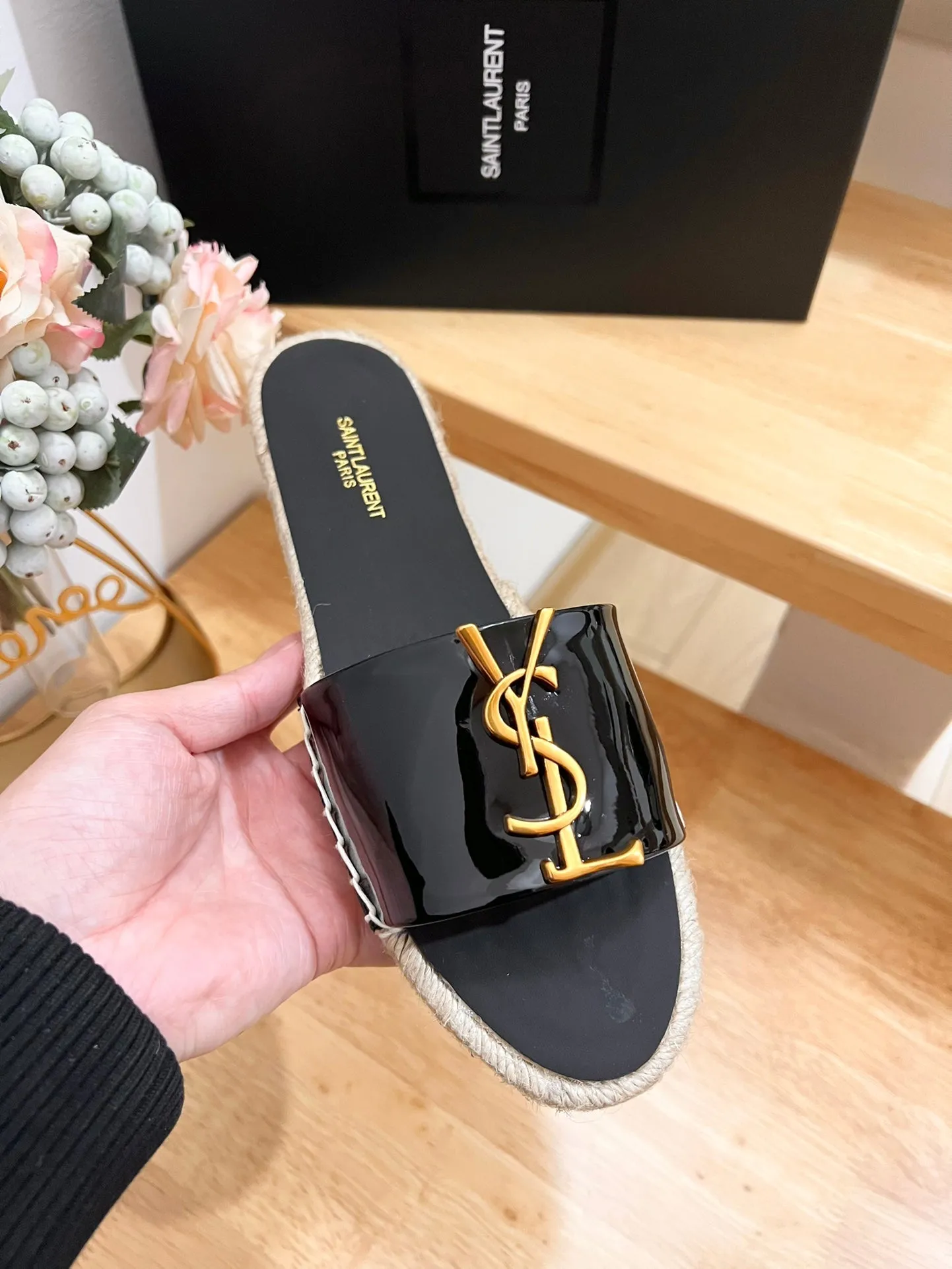 YVES BLACK SLIPPER CALFSKIN Laurent SL Saint Special offers LOGO Superior-grade