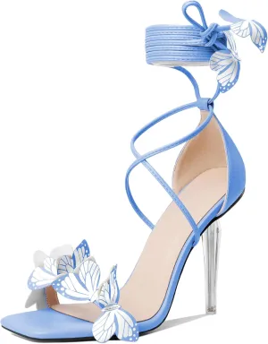 Zamikoo High Heeled Sandals for Women, Ankle Strap Open Toe High Heel Butterfly Heels, Strappy Lace Up Square Toe Stiletto Clear Heels 4 Inches