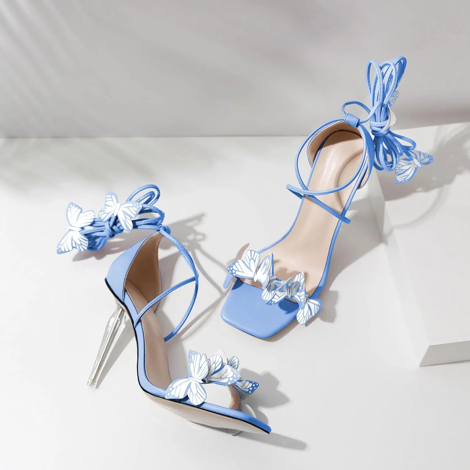 Zamikoo High Heeled Sandals for Women, Ankle Strap Open Toe High Heel Butterfly Heels, Strappy Lace Up Square Toe Stiletto Clear Heels 4 Inches