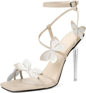 Zamikoo Open Toe Ankle Strap High Heels for Women, Square Toe Butterfly Heeled Sandals, Strappy Clear Stiletto Butterfly Heels 4 Incheses